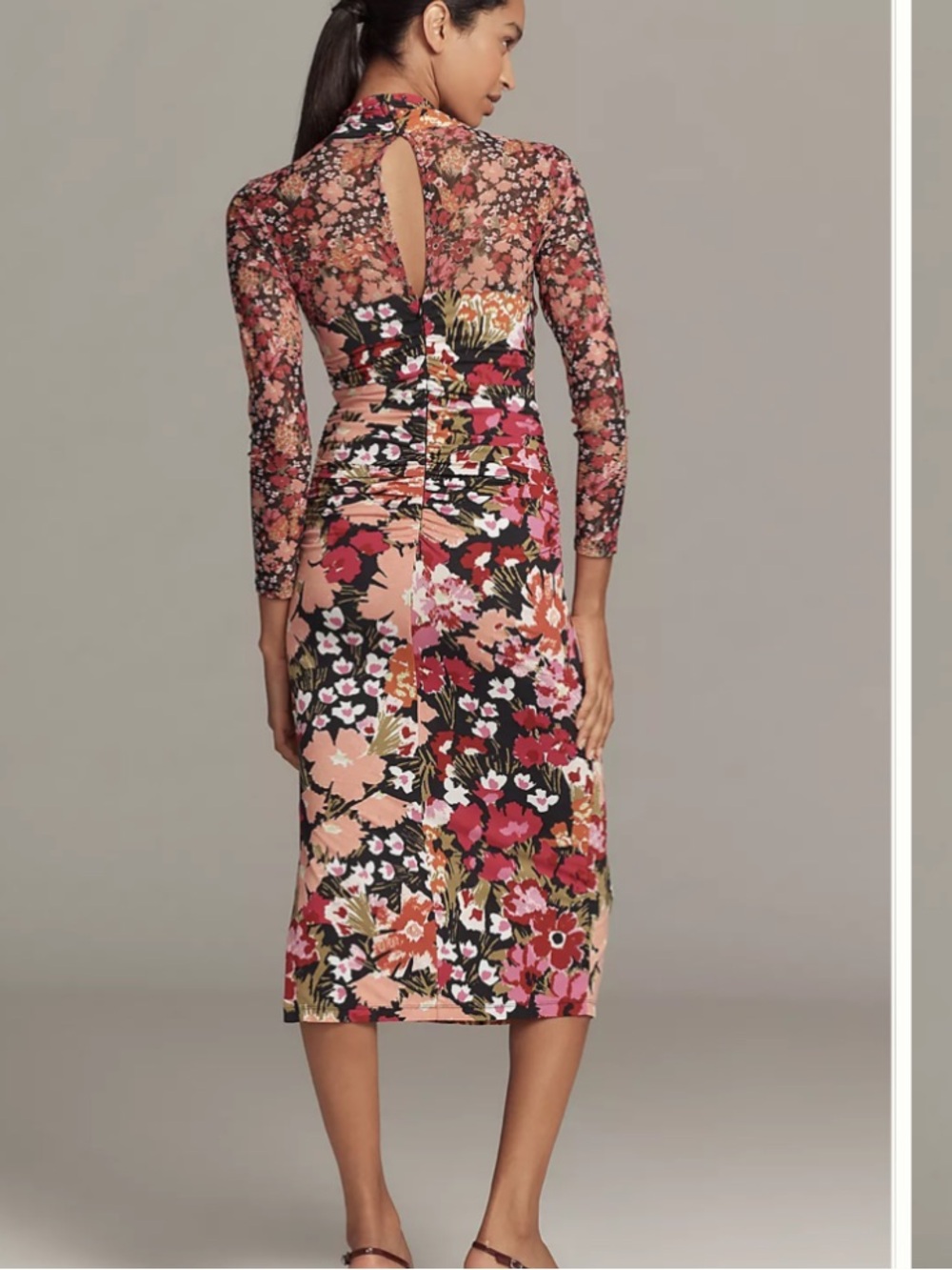 Anthropologie Floral Mesh Midi Dress - Pink, Black, Peach - Picture 2 of 4